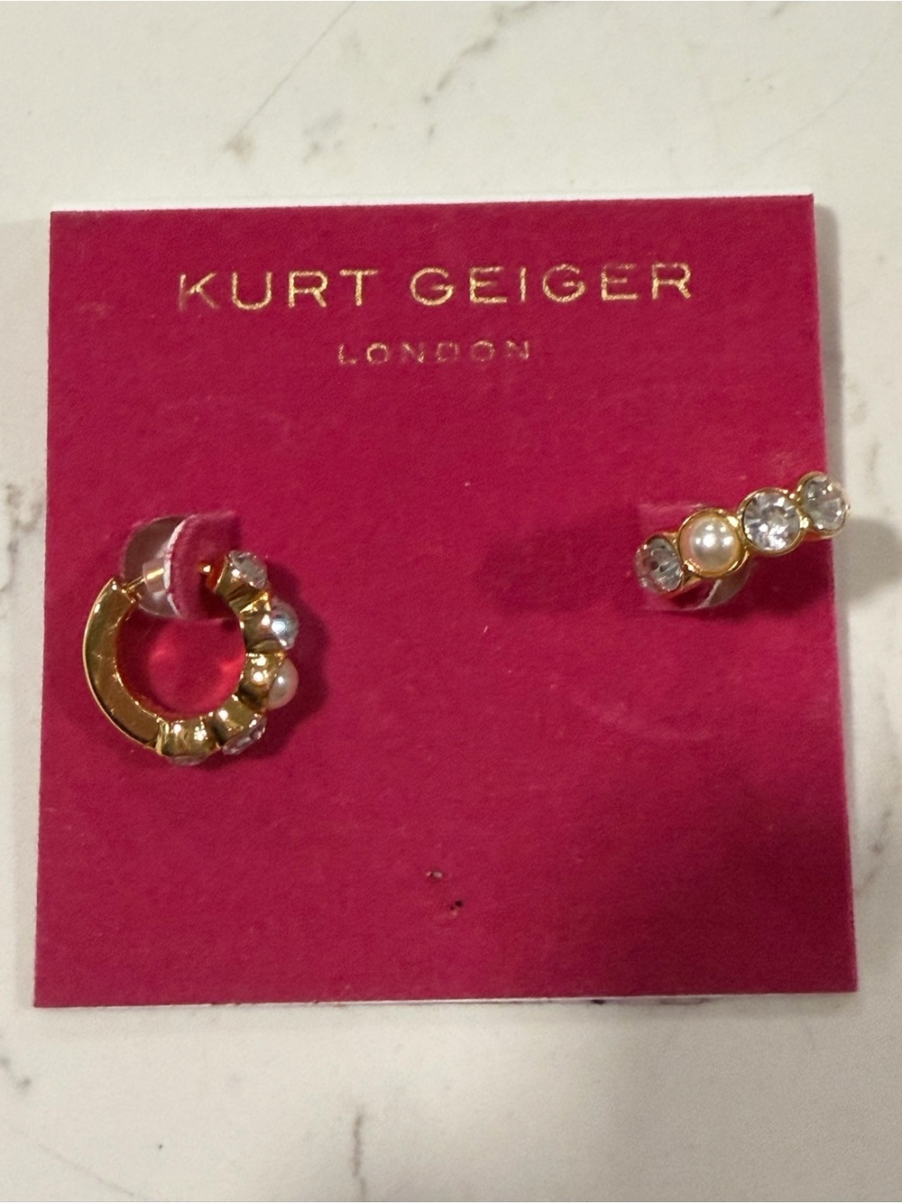 Kurt Geiger Gold Crystal and Pearl Huggie Earrings